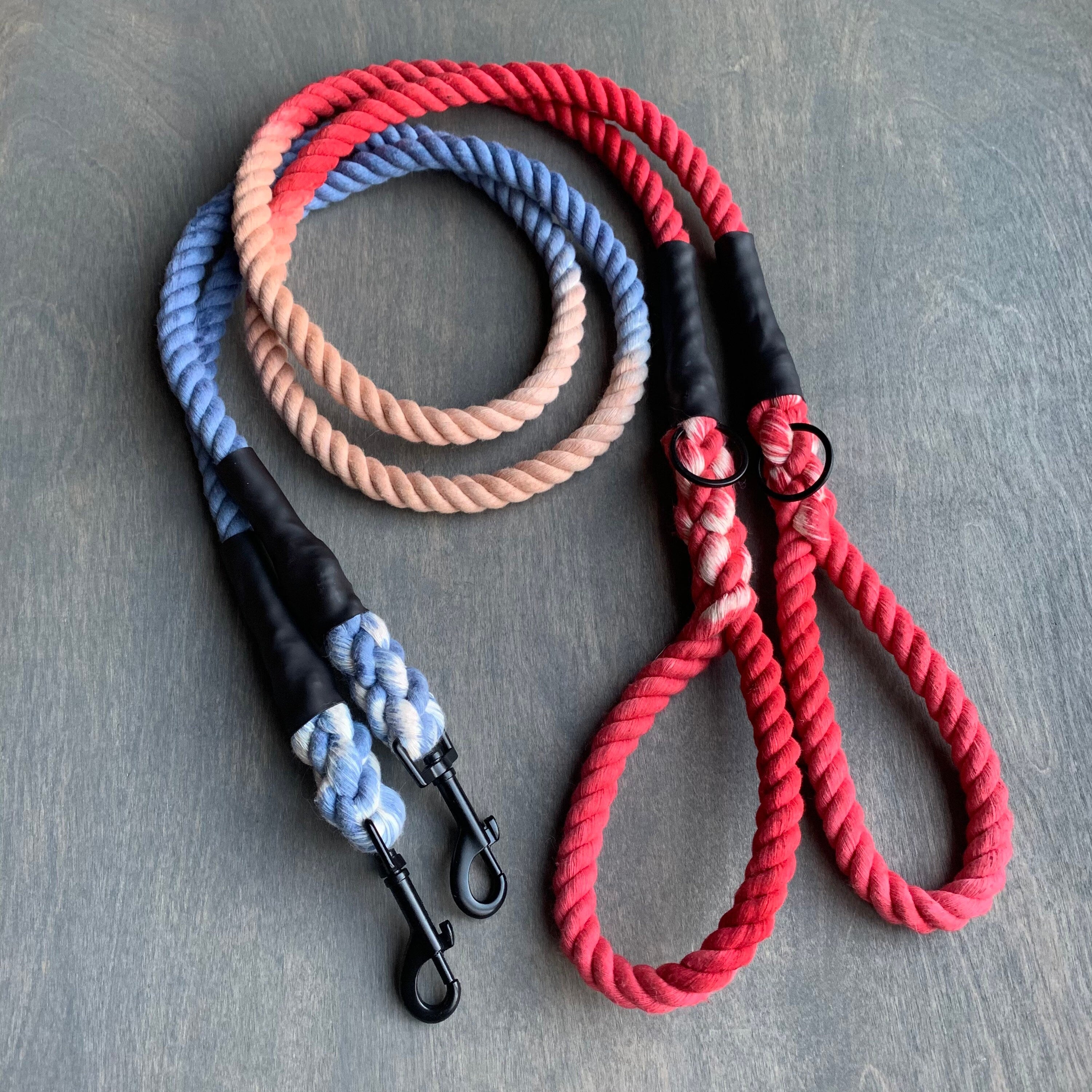 Red, Khaki and Blue Leash with black hardware